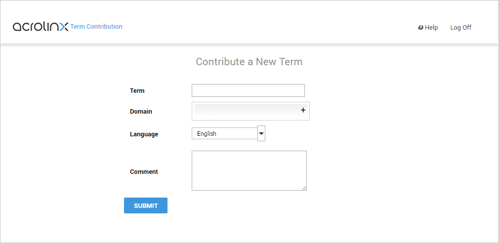 A form with header that reads "Contribute a New Term." It has the following four fields: term, domain, language, and comment.