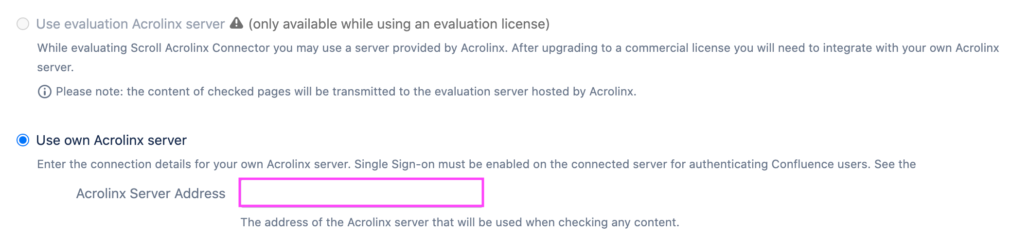 Confluence Acrolinx URL field
