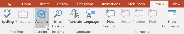 ​Microsoft powerpoint toolbar with blue Acrolinx icon
