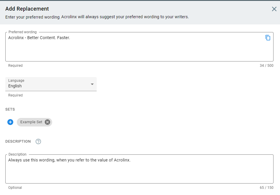 Add Replacement dialog example with Acrolinx slogan as preferred wording and usage hint in the description field.